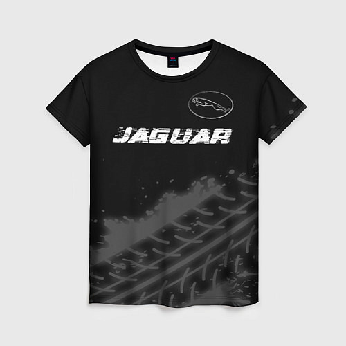 Женская футболка Jaguar speed на темном фоне со следами шин: символ / 3D-принт – фото 1