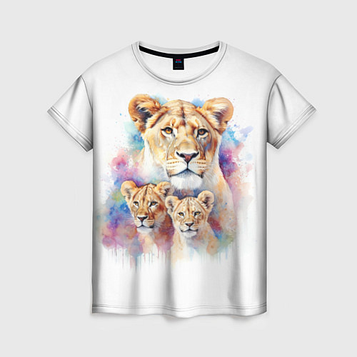 Женская футболка Львица мама с двумя львятами / 3D-принт – фото 1