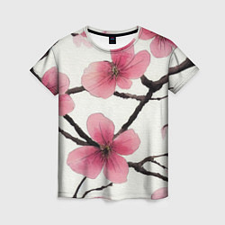 Женская футболка Цветы и ветви японской сакуры - текстура холста