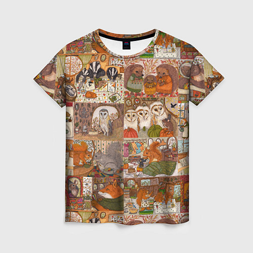 Женская футболка Коллаж из сказочных зверей - совы, белки, ёжики / 3D-принт – фото 1