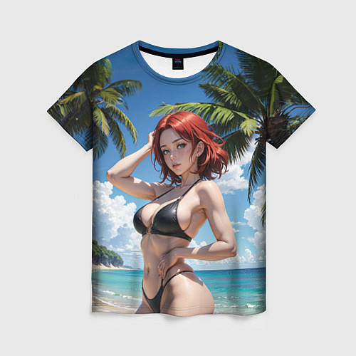 Женская футболка Девушка с рыжими волосами на пляже / 3D-принт – фото 1