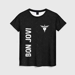 Женская футболка Bon Jovi glitch на темном фоне: надпись, символ