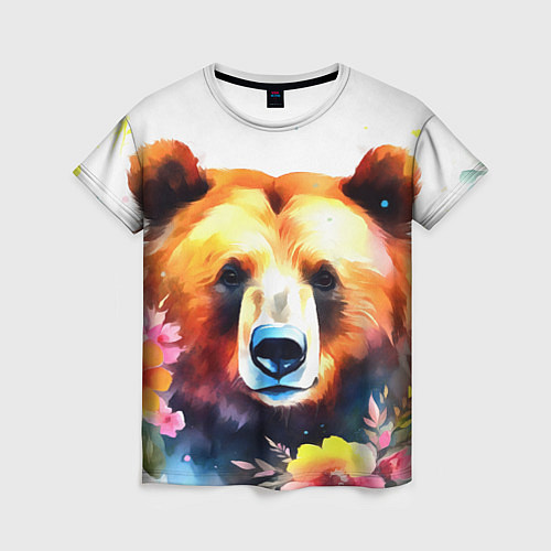 Женская футболка Морда медведя гризли с цветами акварелью / 3D-принт – фото 1