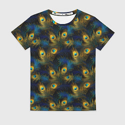 Женская футболка Перья павлина на черном фоне