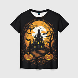 Женская футболка Ночной хэллоуинский замок и тыквы