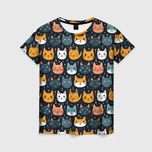 Женская футболка Мордочки мультяшных котов узор / 3D-принт – фото 1