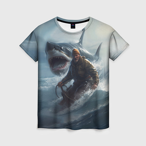 Женская футболка Мужчина уплывает от акулы на обломках лодки / 3D-принт – фото 1
