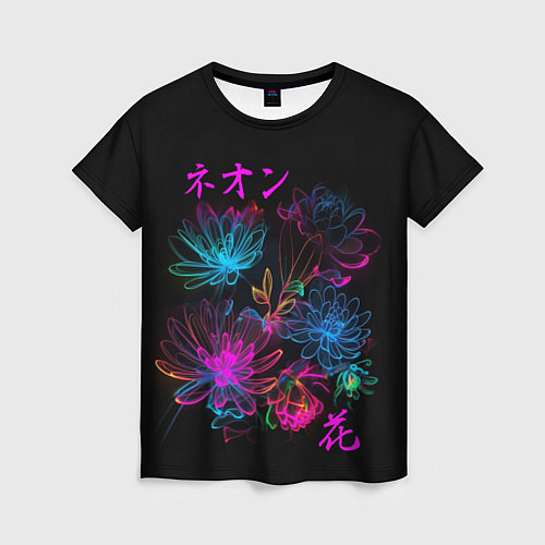 Женская футболка Неоновые цветы - японский стиль / 3D-принт – фото 1