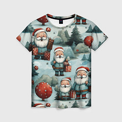 Женская футболка Рождественский узор с Санта Клаусами