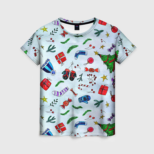 Женская футболка Елочный узор с новогодними атрибутами / 3D-принт – фото 1
