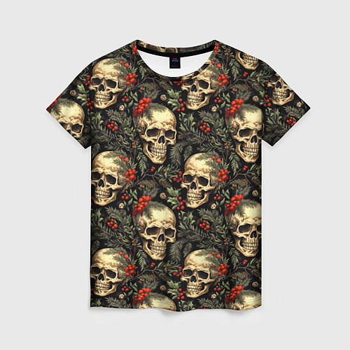 Женская футболка Череп рябина шишки и хвойные ветки / 3D-принт – фото 1