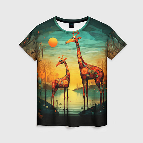 Женская футболка Жирафы в стиле фолк-арт / 3D-принт – фото 1