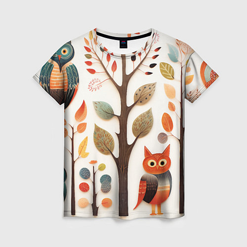 Женская футболка Совы в осеннем лесу в стиле фолк-арт / 3D-принт – фото 1