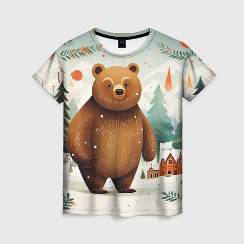 Женская футболка Рождественский мишка фолк-арт / 3D-принт – фото 1