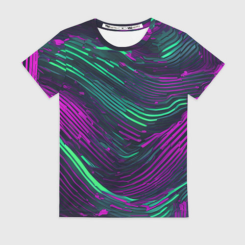 Женская футболка Волнистые линии зелёные и фиолетовые / 3D-принт – фото 1