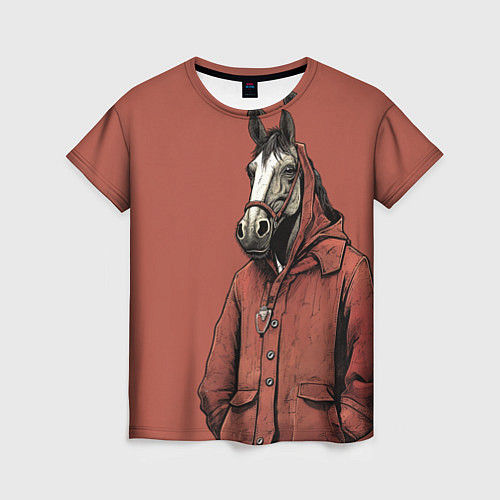Женская футболка Конь в красном пальто / 3D-принт – фото 1