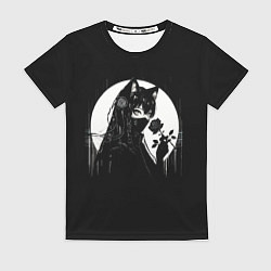 Женская футболка Девушка-кошка с чёрной розой