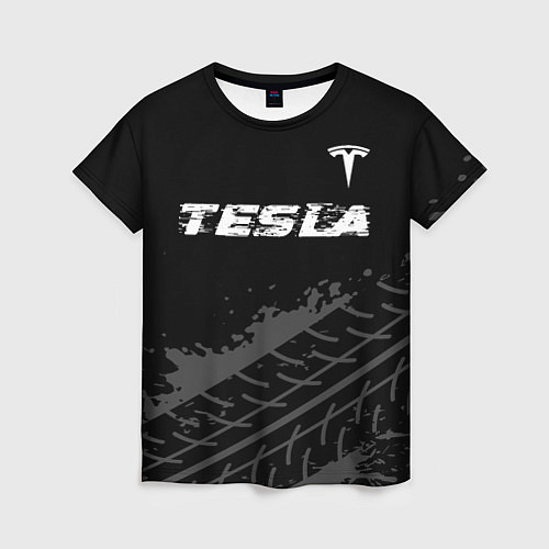 Женская футболка Tesla speed на темном фоне со следами шин посереди / 3D-принт – фото 1
