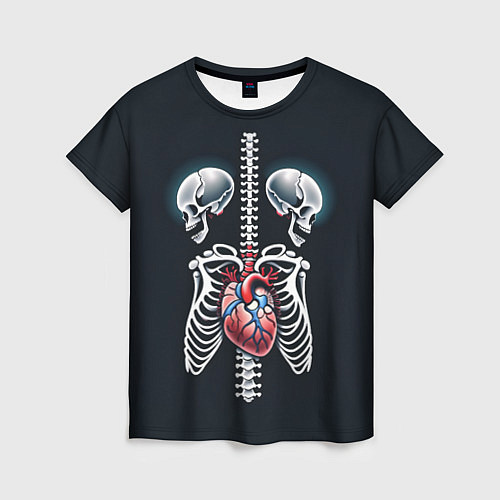 Женская футболка Два сросшихся скелета и сердце / 3D-принт – фото 1