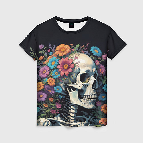 Женская футболка Улыбающийся скелет среди цветов / 3D-принт – фото 1