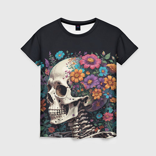 Женская футболка Скелет среди цветов / 3D-принт – фото 1