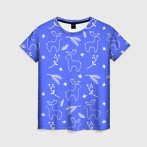 Женская футболка Синий рождественский принт с оленями / 3D-принт – фото 1