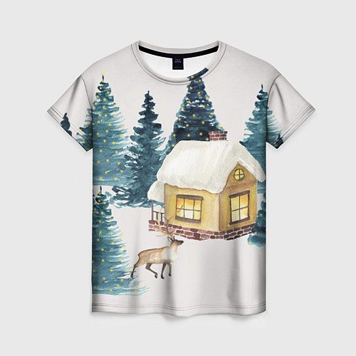 Женская футболка Зимний дом в лесу с оленем / 3D-принт – фото 1