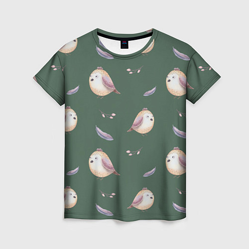 Женская футболка Птички и перышки на зеленом / 3D-принт – фото 1