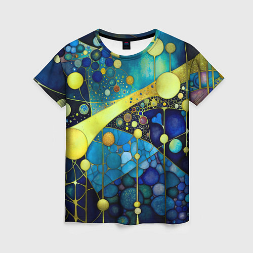 Женская футболка Абстракция в жёлто синих тонах с кругами и линиями / 3D-принт – фото 1
