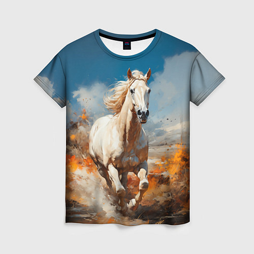Женская футболка Белая лошадь скачет в поле / 3D-принт – фото 1
