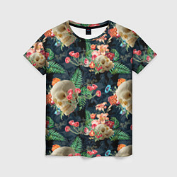 Женская футболка Узор из черепов с цветами и листьями
