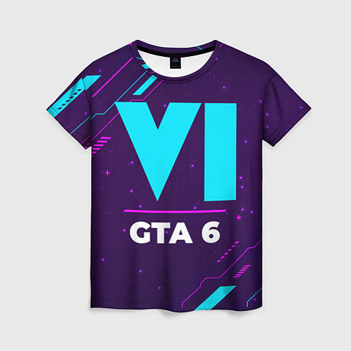 Женская футболка Символ GTA 6 в неоновых цветах на темном фоне / 3D-принт – фото 1