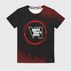 Женская футболка Символ GTA6 и краска вокруг на темном фоне