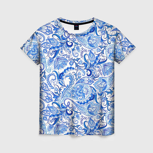 Женская футболка Гжельская роспись на белом фоне / 3D-принт – фото 1