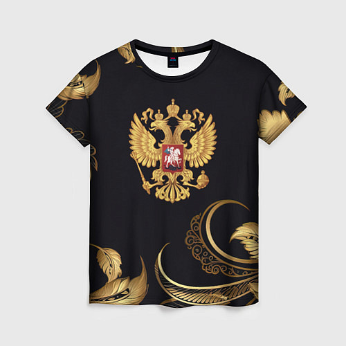 Женская футболка Золотой герб России и объемные листья / 3D-принт – фото 1
