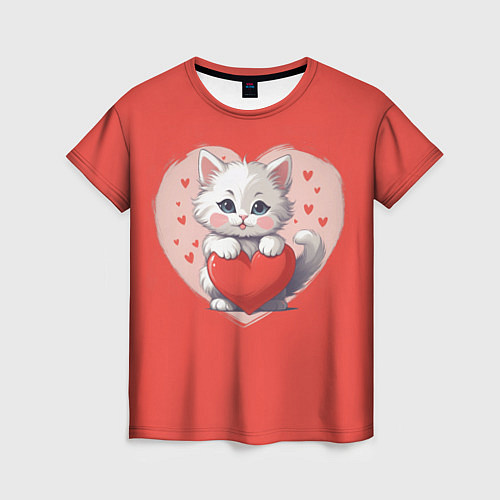 Женская футболка Мультяшный котенок держит красное сердечко / 3D-принт – фото 1