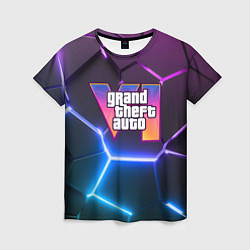 Женская футболка GTA 6 лого на фоне разлома фиолетовых и синих плит