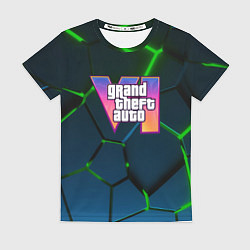 Женская футболка GTA 6 лого на фоне разлома зеленых плит