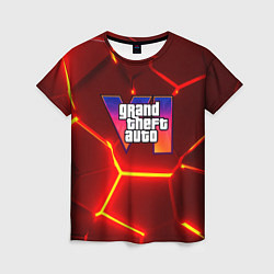 Женская футболка GTA 6 лого на фоне разлома красных плит