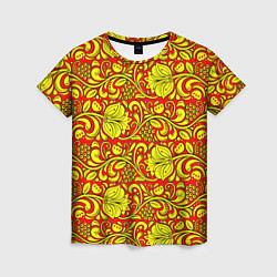 Женская футболка Хохломская роспись золотистые цветы и ягоды на кра