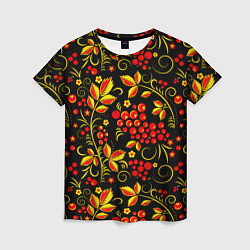 Женская футболка Хохломская роспись золотистые листья чёрном фоне