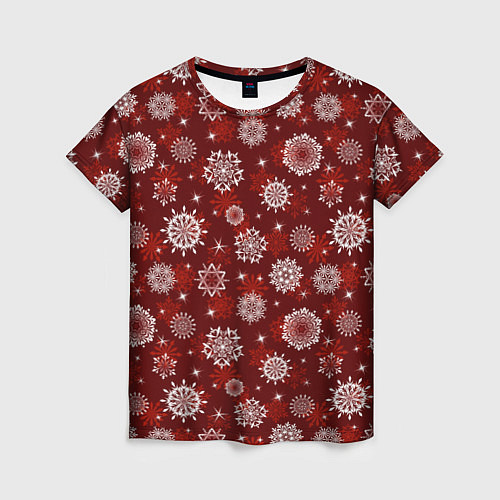 Женская футболка Snowflakes on a red background / 3D-принт – фото 1
