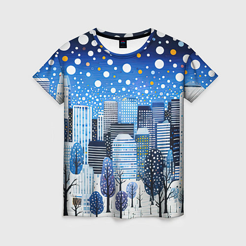Женская футболка Новогодний синий ночной город / 3D-принт – фото 1