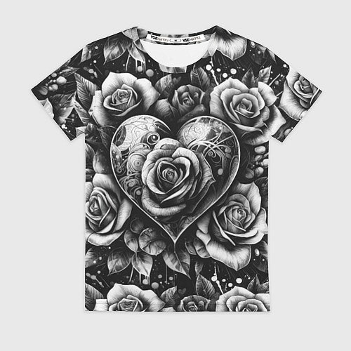 Женская футболка Черно белое сердце и розы / 3D-принт – фото 1