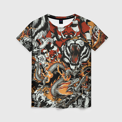 Женская футболка Самурай дракон и тигр / 3D-принт – фото 1