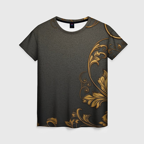Женская футболка Объемные золотые узоры на черной ткани лепнина / 3D-принт – фото 1