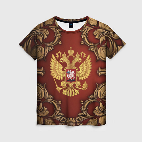 Женская футболка Золотой герб России на красном фоне лепнина / 3D-принт – фото 1