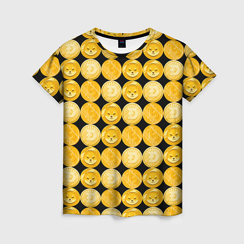 Женская футболка Золотые монеты Биткоин, Доджкоин, Шиба ину паттерн / 3D-принт – фото 1