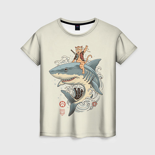 Женская футболка Кот якудза верхом на акуле / 3D-принт – фото 1