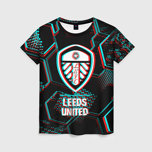 Женская футболка Leeds United FC в стиле glitch на темном фоне / 3D-принт – фото 1